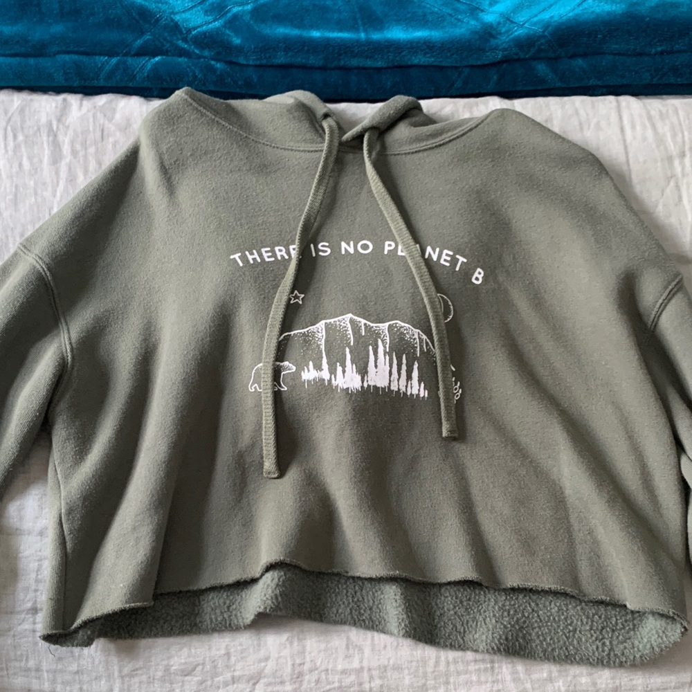 There is No Planet B Olive Green Cropped Hoodie with Environmental Print - Picture 4 of 10